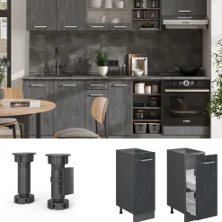 Vicco Apothekerunterschrank R-Line Schwarz Beton Anthrazit 30 cm mit Arbeitsplatte Weiß-Marmor