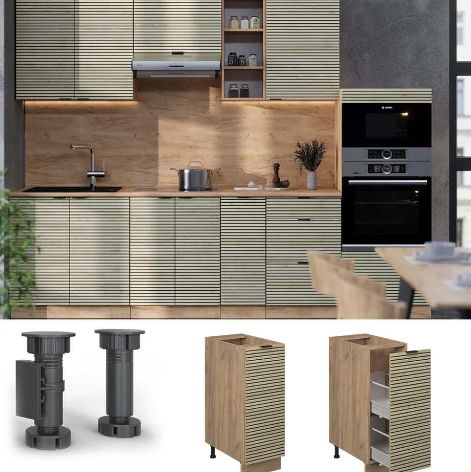 Vicco Apothekerunterschrank Fame-Line Eiche gefräst 30 cm mit Arbeitsplatte Eiche