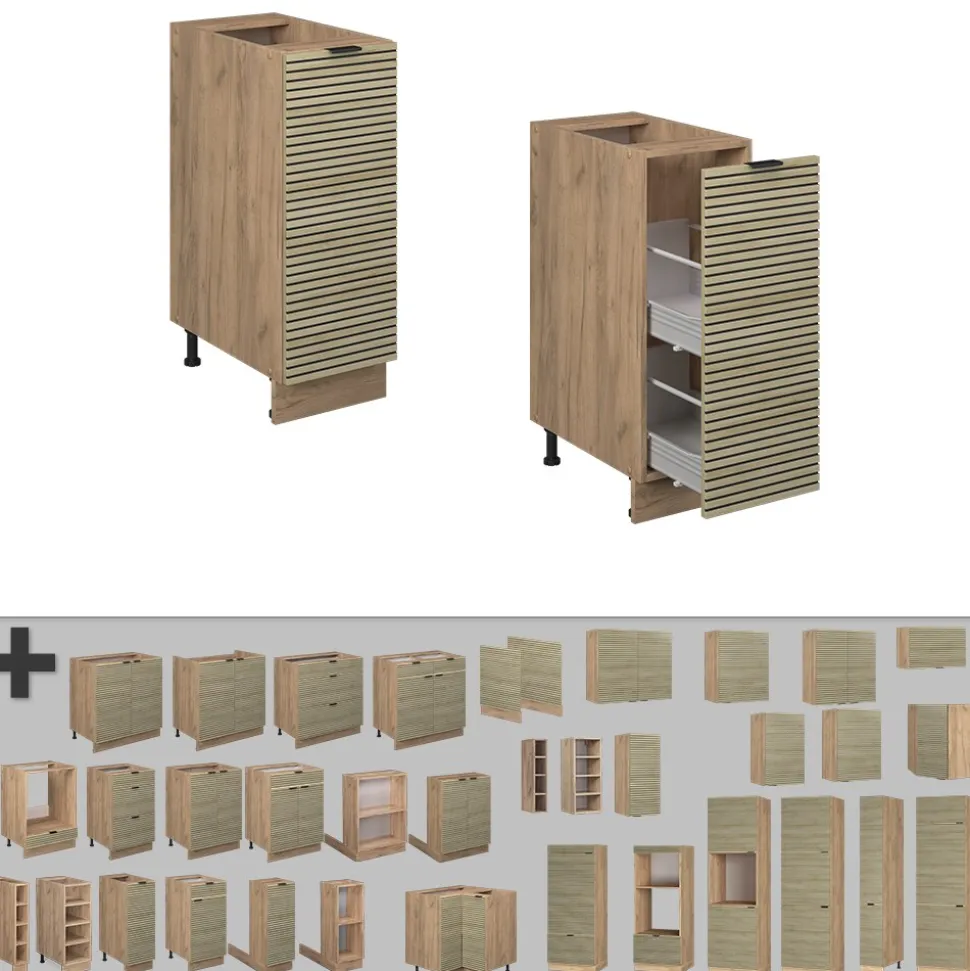 Vicco Apothekerunterschrank Fame-Line Eiche gefräst 30 cm mit Arbeitsplatte Eiche