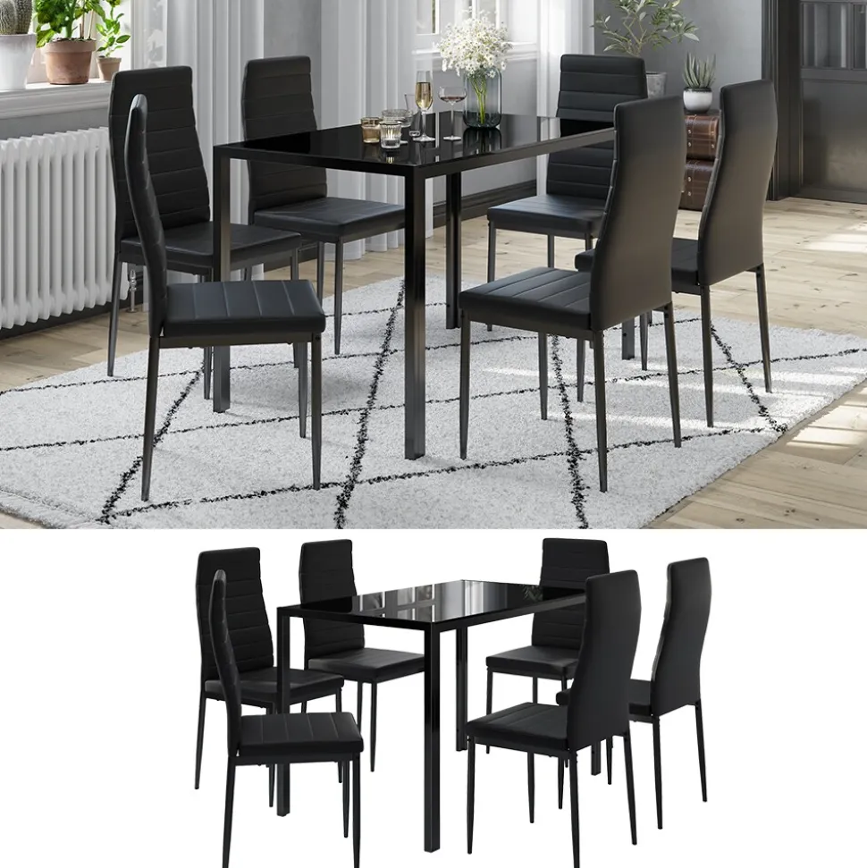 Vicco "Grand Metall", moderne Essgruppe mit Esszimmertisch und 6 Essstühle, Schwarz