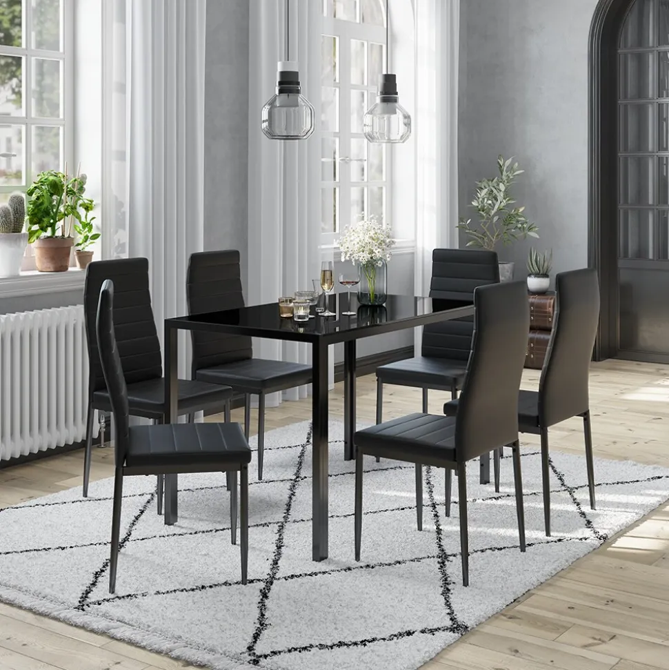 Vicco "Grand Metall", moderne Essgruppe mit Esszimmertisch und 6 Essstühle, Schwarz