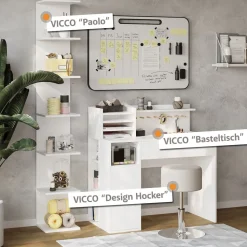 Vicco Schreibtisch, Weiß, 2 Teile, mit Hocker