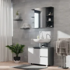 Vicco Waschtischunterschrank Waschbeckenunterschrank Badschrank J-shape Anthrazit Weiß modern 80x61cm Badezimmer Schrank Badmöbel Schranktür Schrankschublade Aufbewahrung