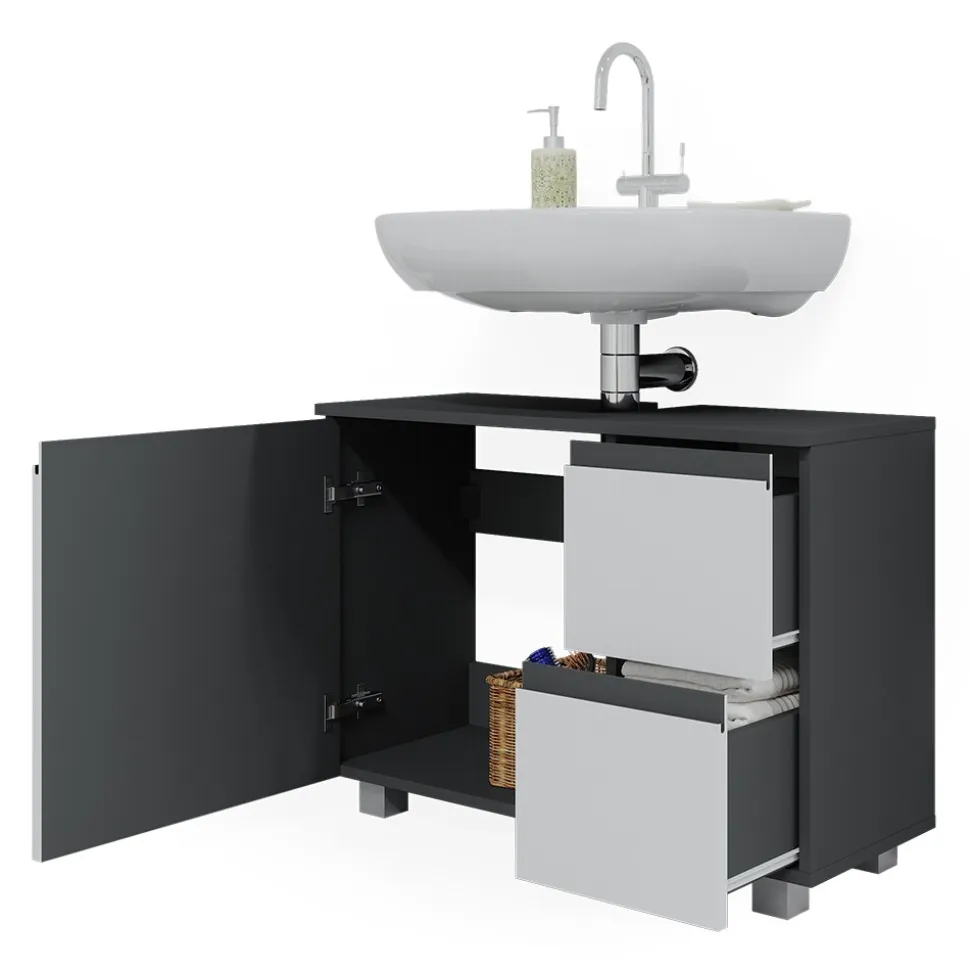 Vicco Waschtischunterschrank Waschbeckenunterschrank Badschrank J-shape Anthrazit Weiß modern 80x61cm Badezimmer Schrank Badmöbel Schranktür Schrankschublade Aufbewahrung
