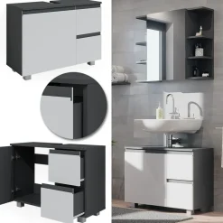Vicco Waschtischunterschrank Waschbeckenunterschrank Badschrank J-shape Anthrazit Weiß modern 80x61cm Badezimmer Schrank Badmöbel Schranktür Schrankschublade Aufbewahrung