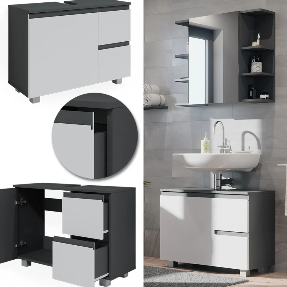 Vicco Waschtischunterschrank Waschbeckenunterschrank Badschrank J-shape Anthrazit Weiß modern 80x61cm Badezimmer Schrank Badmöbel Schranktür Schrankschublade Aufbewahrung