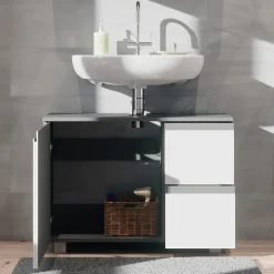 Vicco Waschtischunterschrank Waschbeckenunterschrank Badschrank J-shape Anthrazit Weiß modern 80x61cm Badezimmer Schrank Badmöbel Schranktür Schrankschublade Aufbewahrung