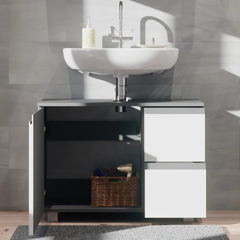 Vicco Waschtischunterschrank Waschbeckenunterschrank Badschrank J-shape Anthrazit Weiß modern 80x61cm Badezimmer Schrank Badmöbel Schranktür Schrankschublade Aufbewahrung