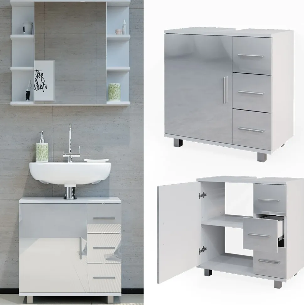 Vicco Waschtischunterschrank Waschbeckenunterschrank Badschrank Elias Weiß Hochglanz modern 60x61cm Badezimmer Schrank Badmöbel Schranktür Schrankschublade Aufbewahrung
