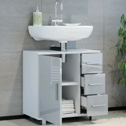 Vicco Waschtischunterschrank Waschbeckenunterschrank Badschrank Elias Weiß Hochglanz modern 60x61cm Badezimmer Schrank Badmöbel Schranktür Schrankschublade Aufbewahrung