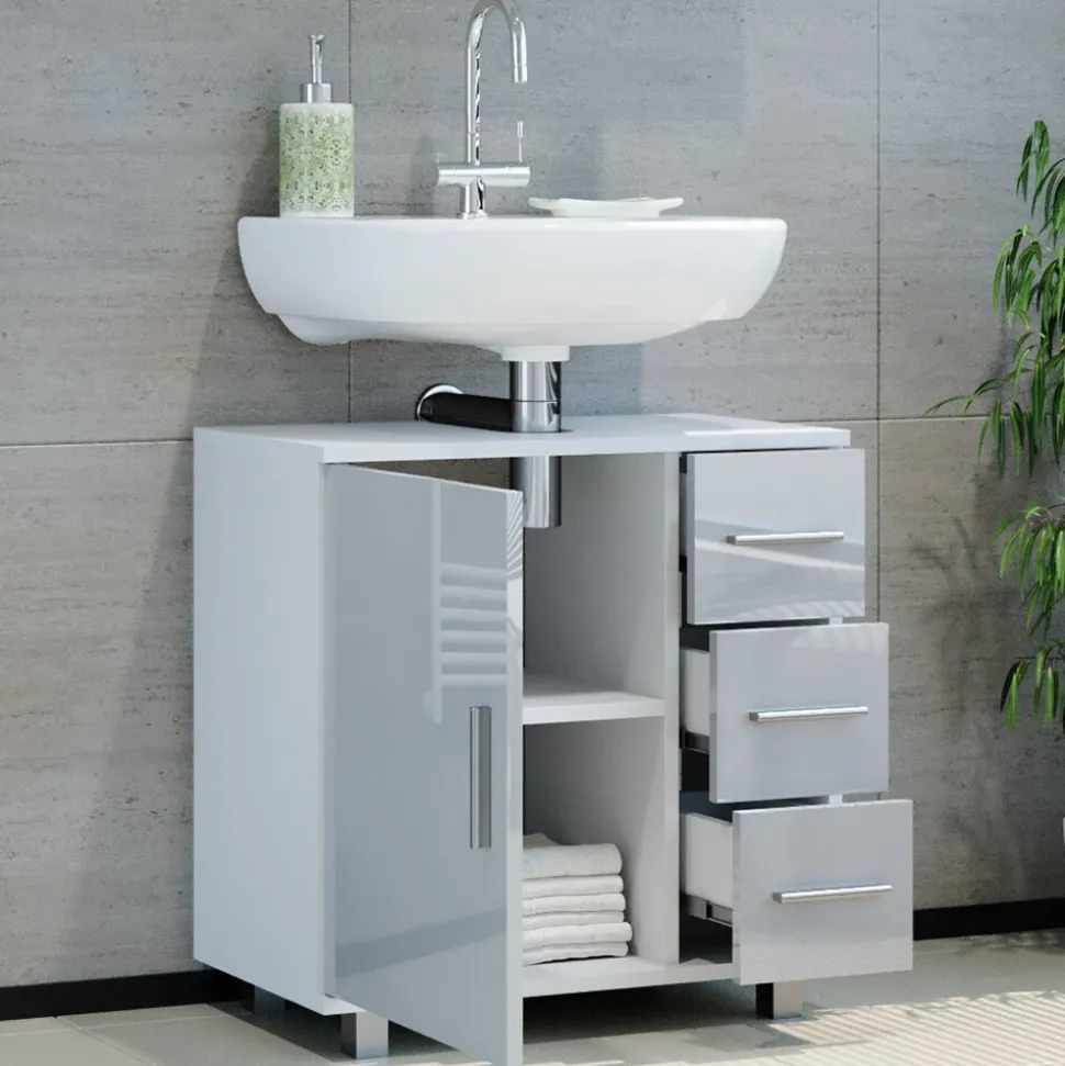 Vicco Waschtischunterschrank Waschbeckenunterschrank Badschrank Elias Weiß Hochglanz modern 60x61cm Badezimmer Schrank Badmöbel Schranktür Schrankschublade Aufbewahrung