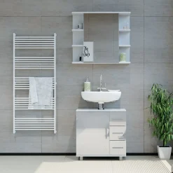 Vicco Waschtischunterschrank Waschbeckenunterschrank Badschrank Elias Weiß Hochglanz modern 60x61cm Badezimmer Schrank Badmöbel Schranktür Schrankschublade Aufbewahrung