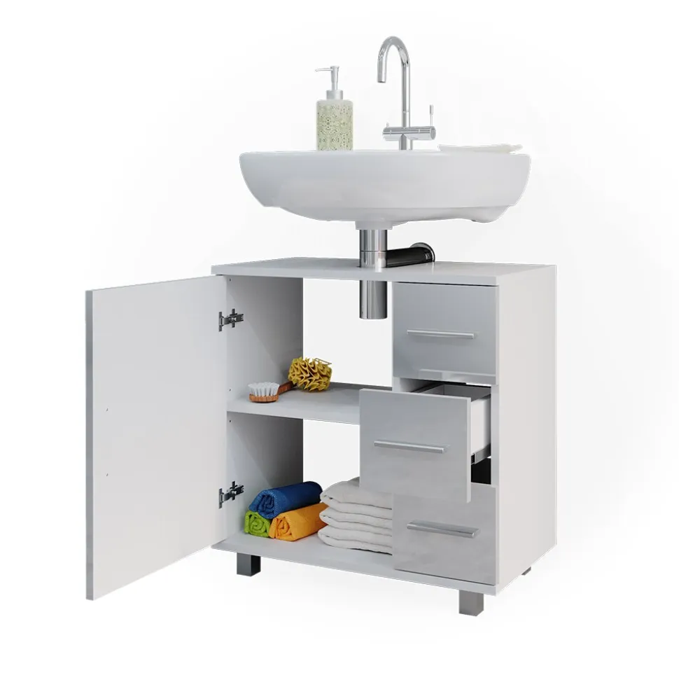 Vicco Waschtischunterschrank Waschbeckenunterschrank Badschrank Elias Weiß Hochglanz modern 60x61cm Badezimmer Schrank Badmöbel Schranktür Schrankschublade Aufbewahrung