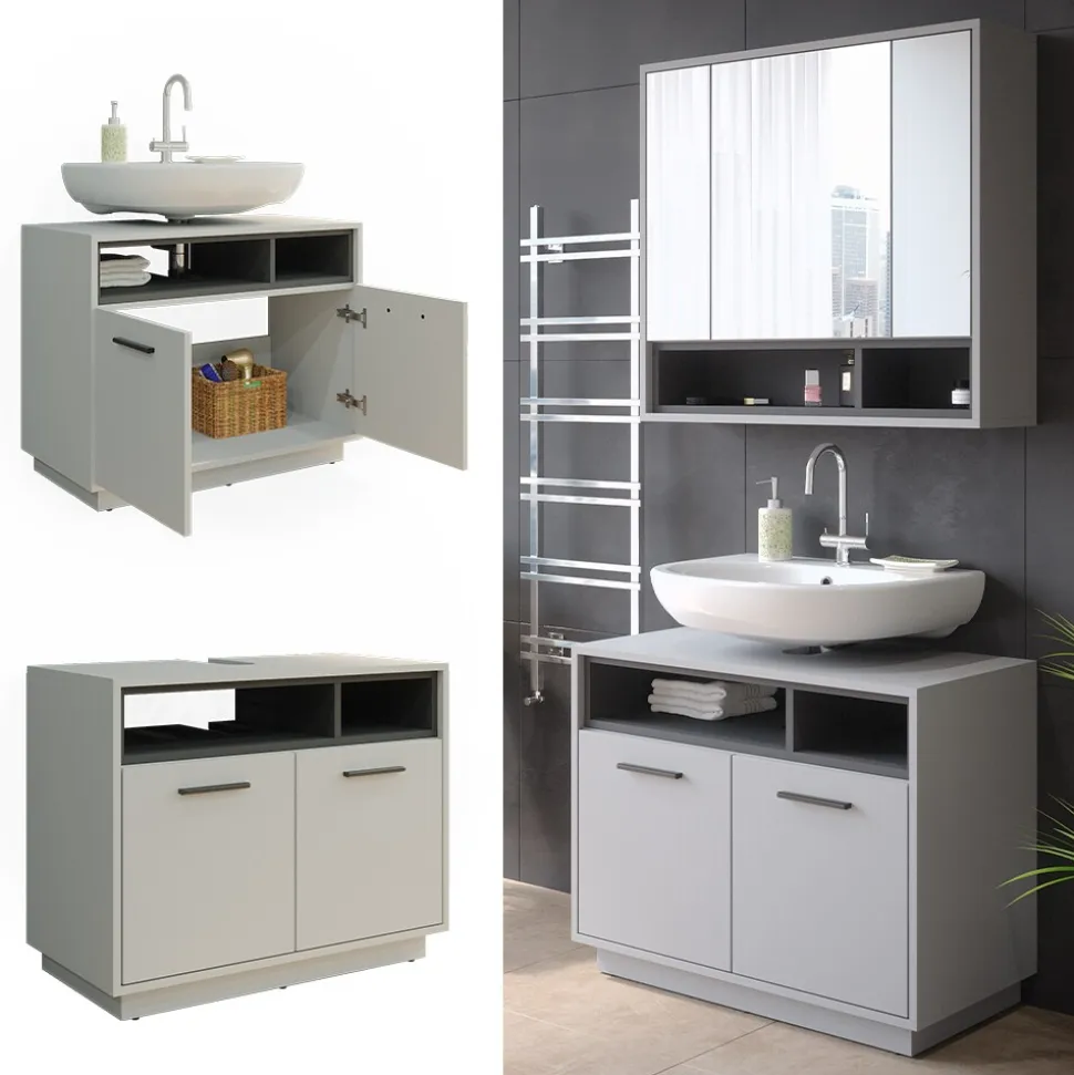 Vicco Waschtischunterschrank Waschbeckenunterschrank Beatrice Grau Anthrazit modern 80x64 cm Badkommode Badschrank Badezimmer Schrank Badmöbel Schranktür Schrankfach