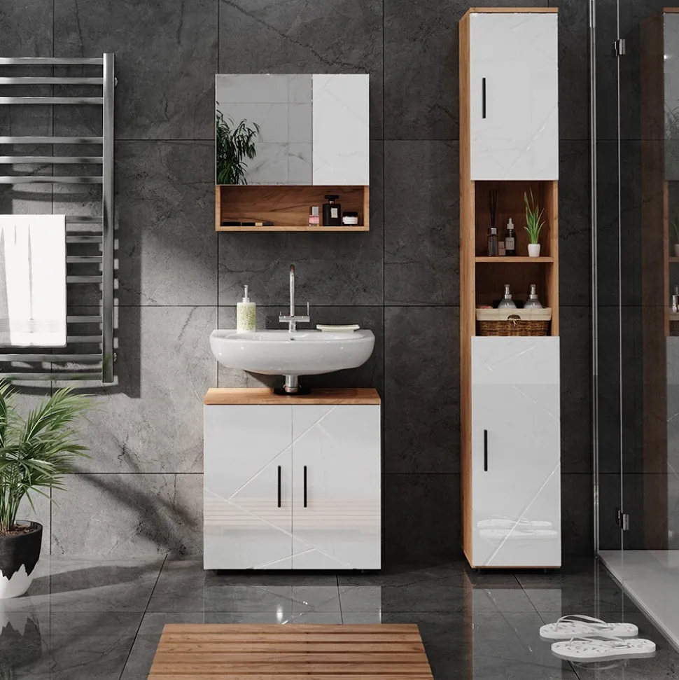 Vicco Waschtischunterschrank Waschbeckenunterschrank Irma Eiche Weiß Hochglanz modern 60x59 cm Badezimmer Schrank Badschrank Badkommode Badmöbel 2 Türen
