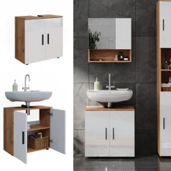 Vicco Waschtischunterschrank Waschbeckenunterschrank Irma Eiche Weiß Hochglanz modern 60x59 cm Badezimmer Schrank Badschrank Badkommode Badmöbel 2 Türen