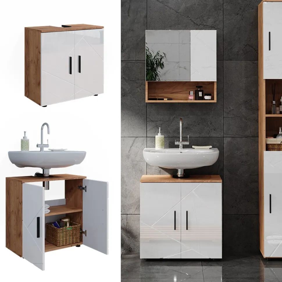 Vicco Waschtischunterschrank Waschbeckenunterschrank Irma Eiche Weiß Hochglanz modern 60x59 cm Badezimmer Schrank Badschrank Badkommode Badmöbel 2 Türen