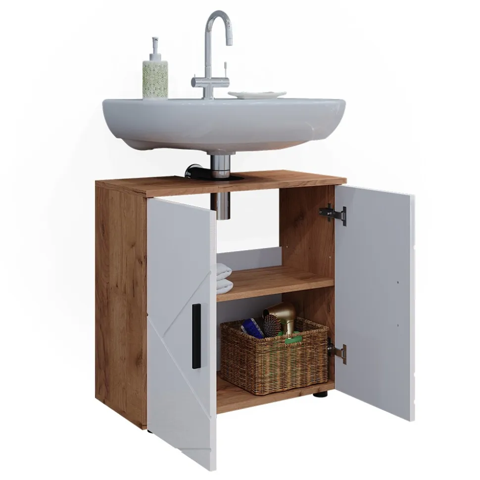 Vicco Waschtischunterschrank Waschbeckenunterschrank Irma Eiche Weiß Hochglanz modern 60x59 cm Badezimmer Schrank Badschrank Badkommode Badmöbel 2 Türen