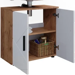 Vicco Waschtischunterschrank Waschbeckenunterschrank Irma Eiche Weiß Hochglanz modern 60x59 cm Badezimmer Schrank Badschrank Badkommode Badmöbel 2 Türen