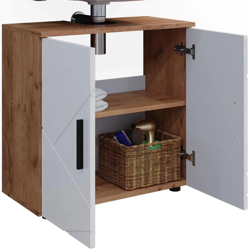 Vicco Waschtischunterschrank Waschbeckenunterschrank Irma Eiche Weiß Hochglanz modern 60x59 cm Badezimmer Schrank Badschrank Badkommode Badmöbel 2 Türen