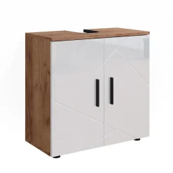 Vicco Waschtischunterschrank Waschbeckenunterschrank Irma Eiche Weiß Hochglanz modern 60x59 cm Badezimmer Schrank Badschrank Badkommode Badmöbel 2 Türen