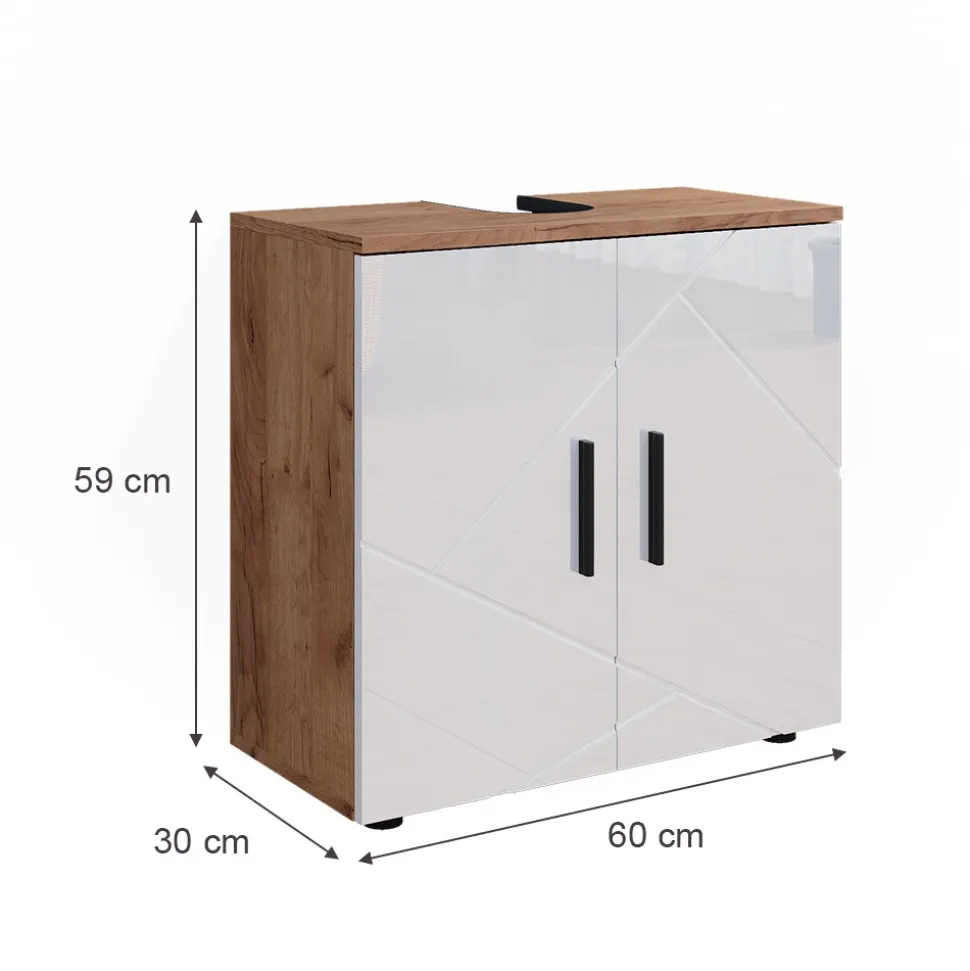 Vicco Waschtischunterschrank Waschbeckenunterschrank Irma Eiche Weiß Hochglanz modern 60x59 cm Badezimmer Schrank Badschrank Badkommode Badmöbel 2 Türen