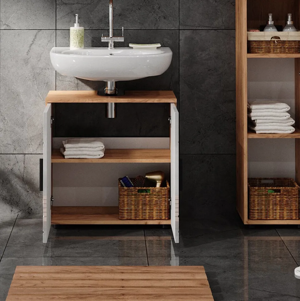 Vicco Waschtischunterschrank Waschbeckenunterschrank Irma Eiche Weiß Hochglanz modern 60x59 cm Badezimmer Schrank Badschrank Badkommode Badmöbel 2 Türen