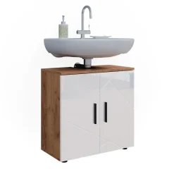 Vicco Waschtischunterschrank Waschbeckenunterschrank Irma Eiche Weiß Hochglanz modern 60x59 cm Badezimmer Schrank Badschrank Badkommode Badmöbel 2 Türen