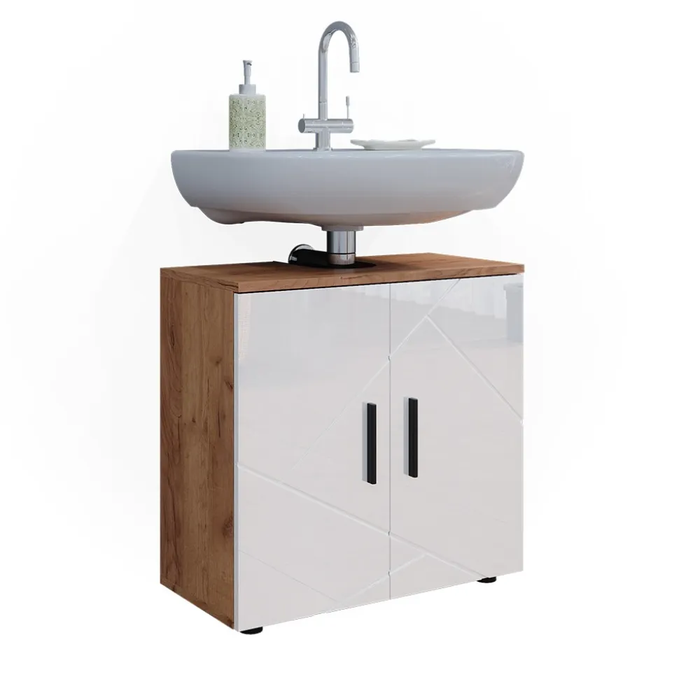 Vicco Waschtischunterschrank Waschbeckenunterschrank Irma Eiche Weiß Hochglanz modern 60x59 cm Badezimmer Schrank Badschrank Badkommode Badmöbel 2 Türen