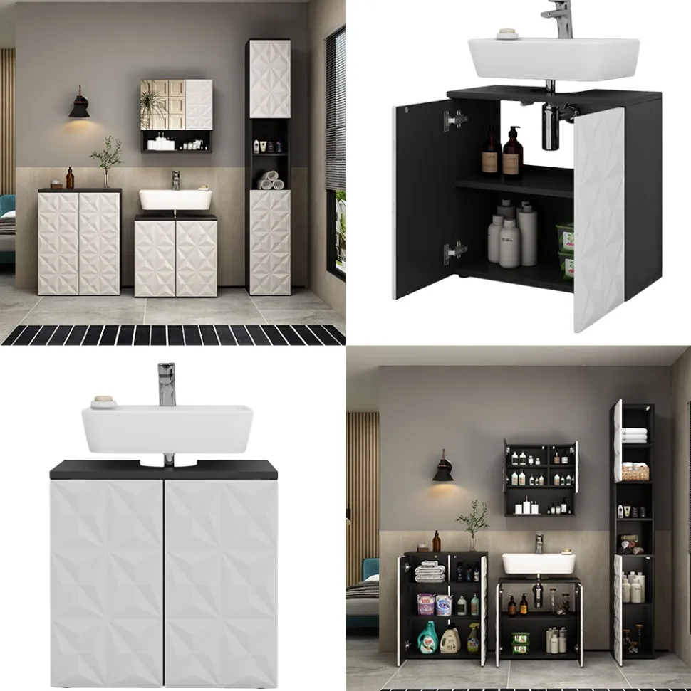 Vicco Waschtischunterschrank Waschbeckenunterschrank Edge Schwarz Weiß modern 60x57 cm Badezimmer Schrank Badschrank Badkommode Badmöbel 2 Türen