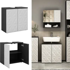 Vicco Waschtischunterschrank Waschbeckenunterschrank Edge Schwarz Weiß modern 60x57 cm Badezimmer Schrank Badschrank Badkommode Badmöbel 2 Türen