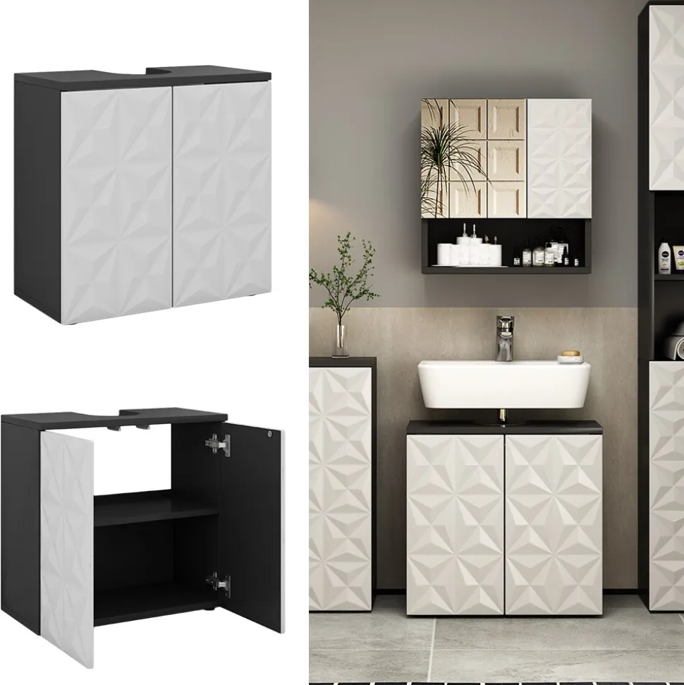 Vicco Waschtischunterschrank Waschbeckenunterschrank Edge Schwarz Weiß modern 60x57 cm Badezimmer Schrank Badschrank Badkommode Badmöbel 2 Türen