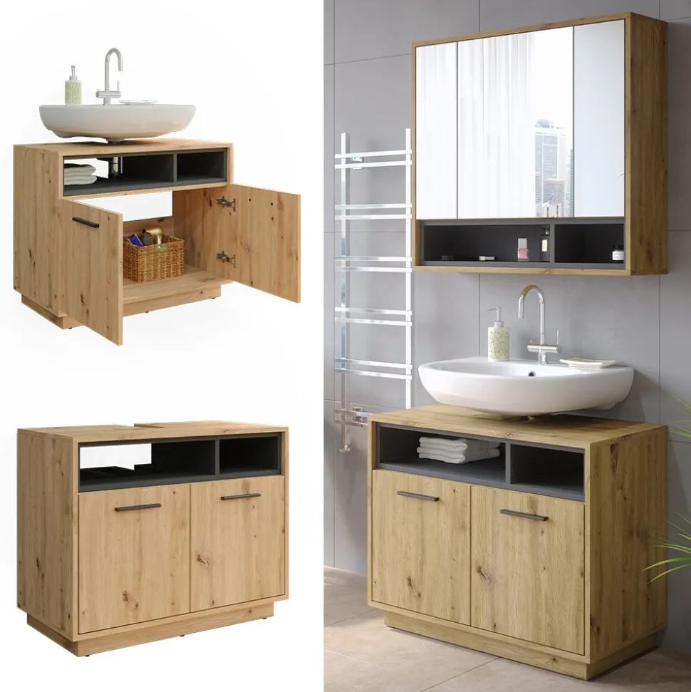 Vicco Waschtischunterschrank Waschbeckenunterschrank Beatrice Eiche Anthrazit modern 80x64 cm Badkommode Badschrank Badezimmer Schrank Badmöbel Schranktür Schrankfach