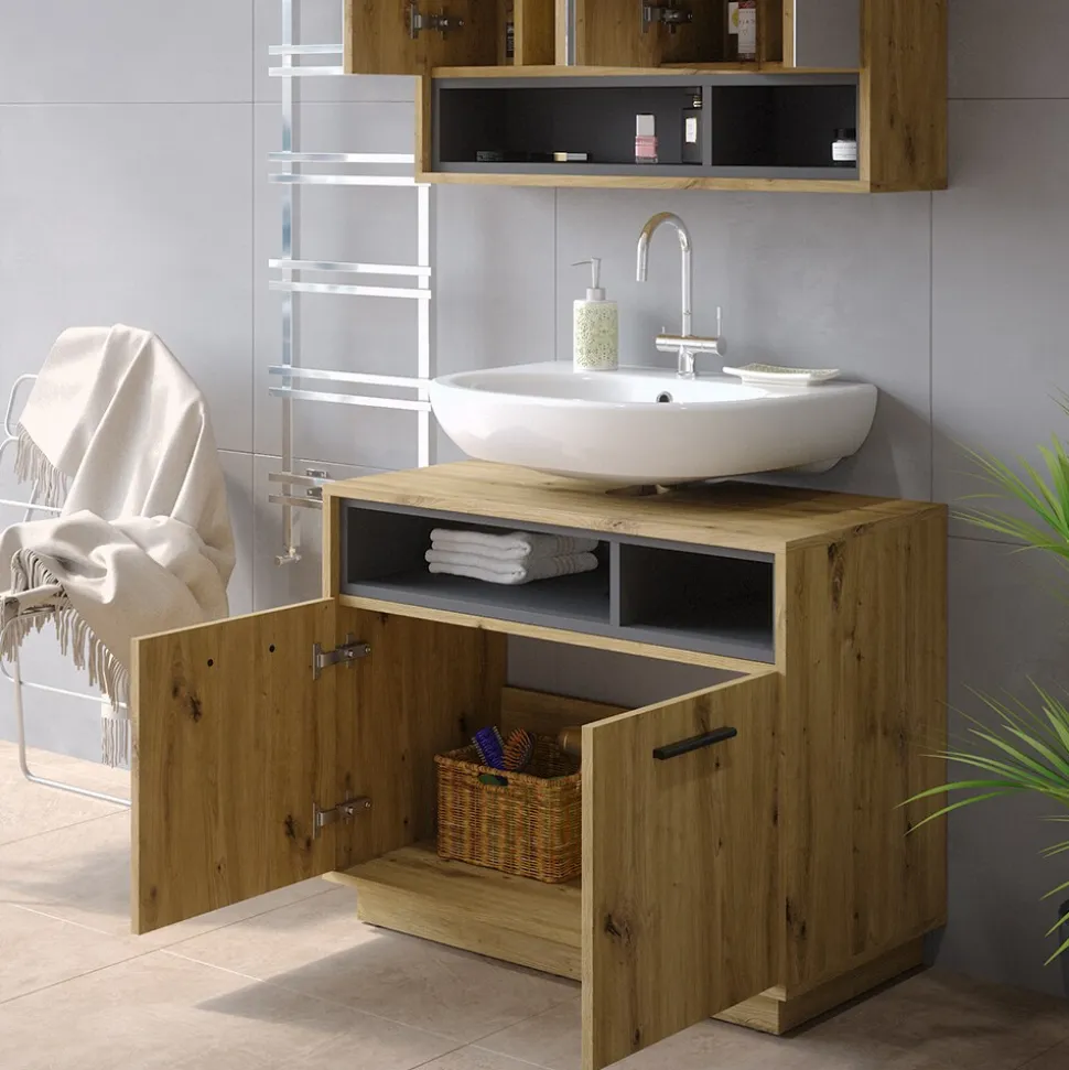 Vicco Waschtischunterschrank Waschbeckenunterschrank Beatrice Eiche Anthrazit modern 80x64 cm Badkommode Badschrank Badezimmer Schrank Badmöbel Schranktür Schrankfach