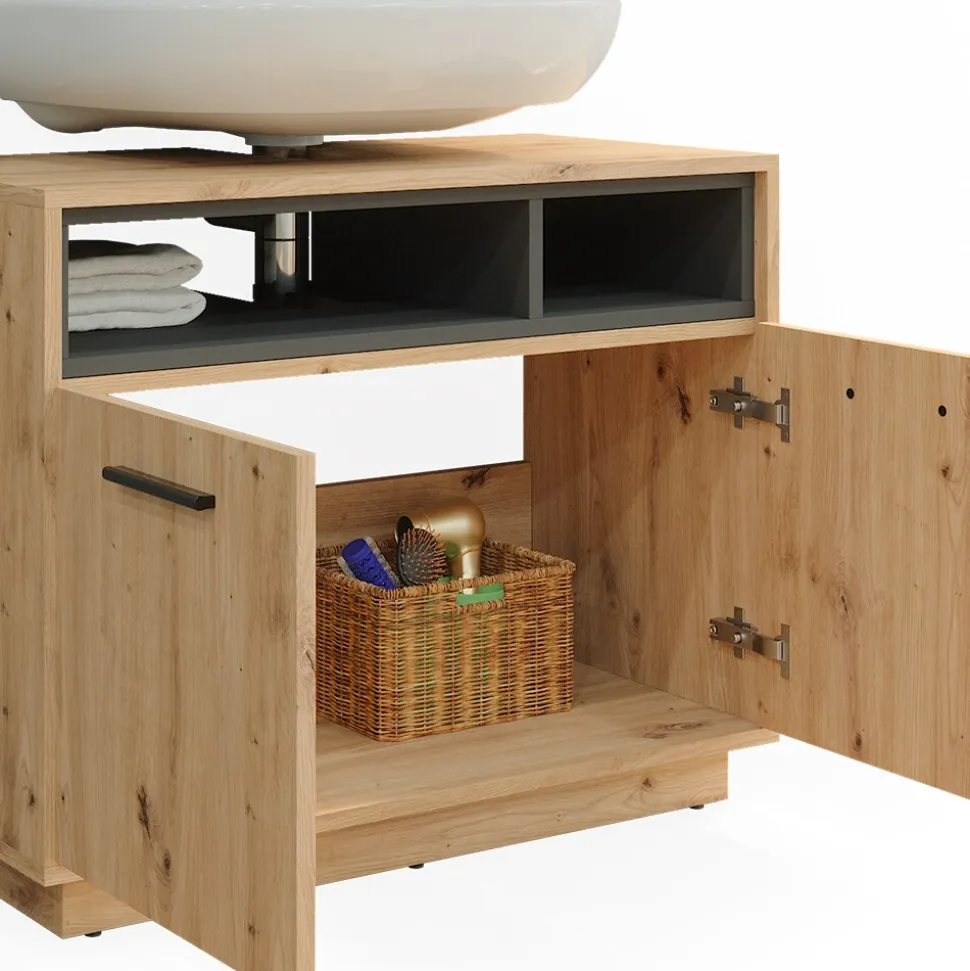 Vicco Waschtischunterschrank Waschbeckenunterschrank Beatrice Eiche Anthrazit modern 80x64 cm Badkommode Badschrank Badezimmer Schrank Badmöbel Schranktür Schrankfach