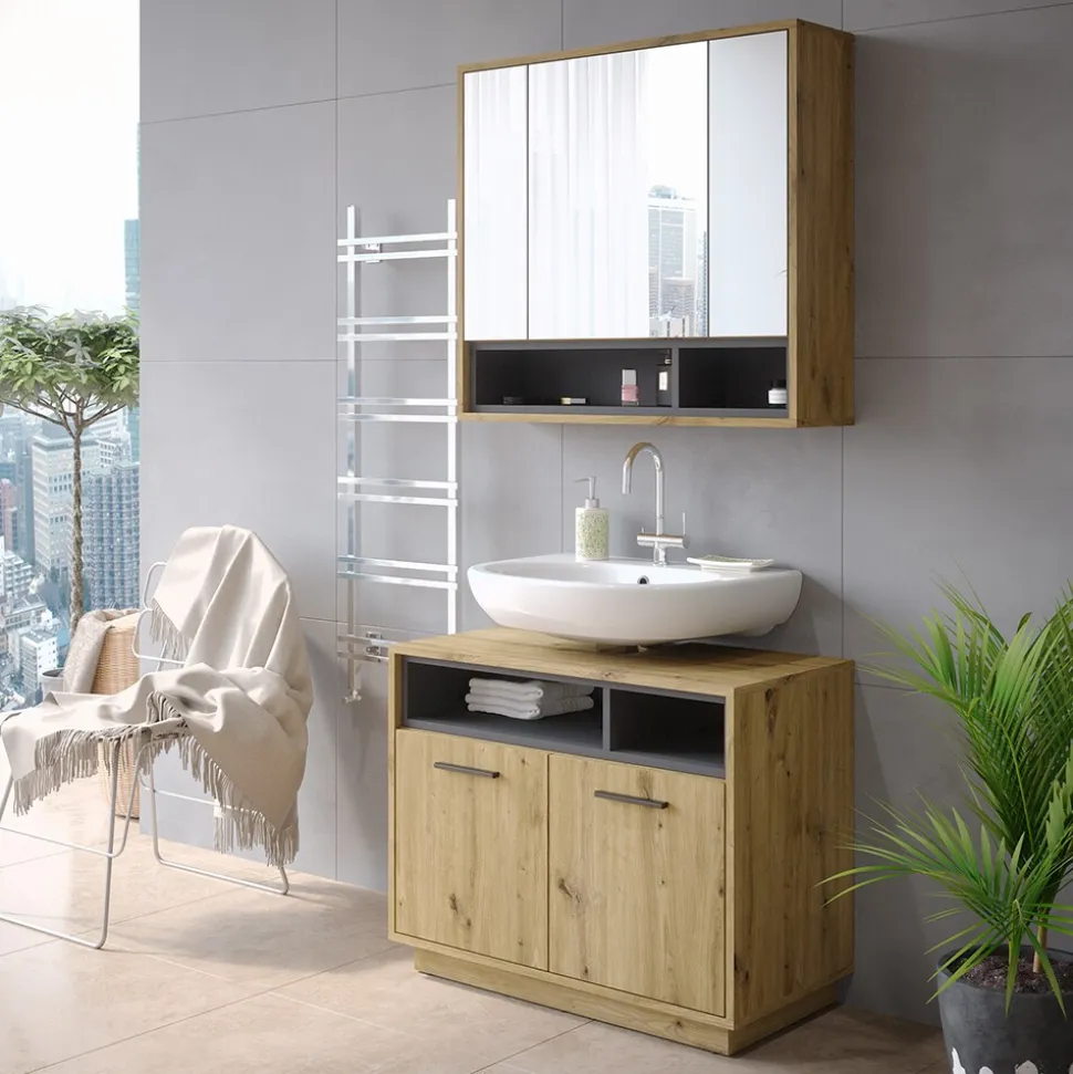 Vicco Waschtischunterschrank Waschbeckenunterschrank Beatrice Eiche Anthrazit modern 80x64 cm Badkommode Badschrank Badezimmer Schrank Badmöbel Schranktür Schrankfach
