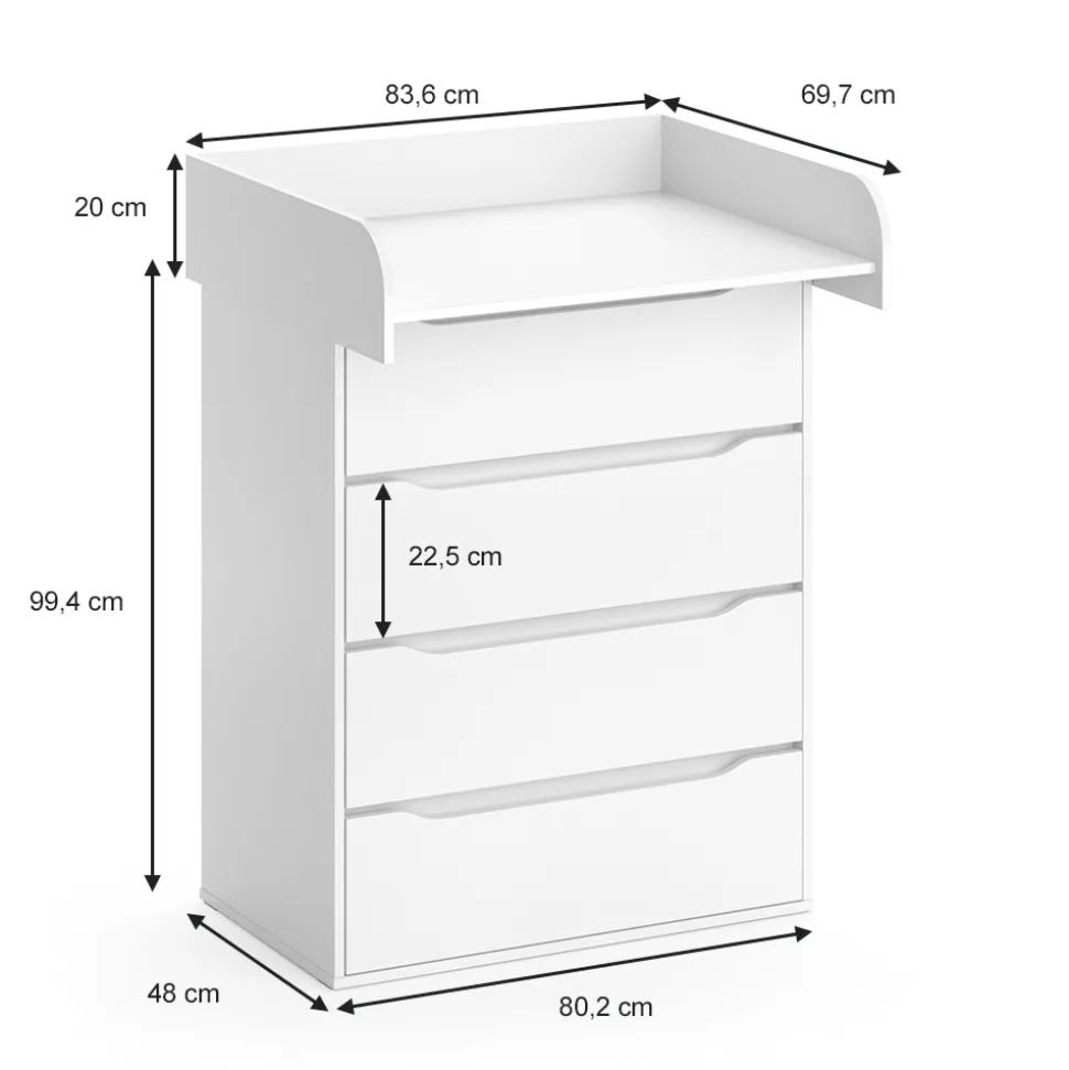 Vicco Wickelkommode Ruben weiß Wickeltisch mit Aufsatz Wickelregal 4 Schubladen