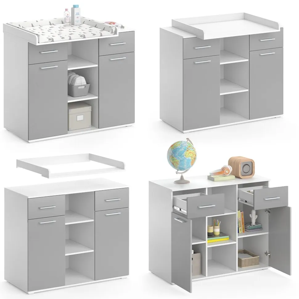 Vicco Wickelkommode Wickeltisch Wickelregal Leonie mit Wickelaufsatz Weiß/Grau