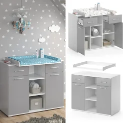 Vicco Wickelkommode Wickeltisch Wickelregal Leonie mit Wickelaufsatz Weiß/Grau