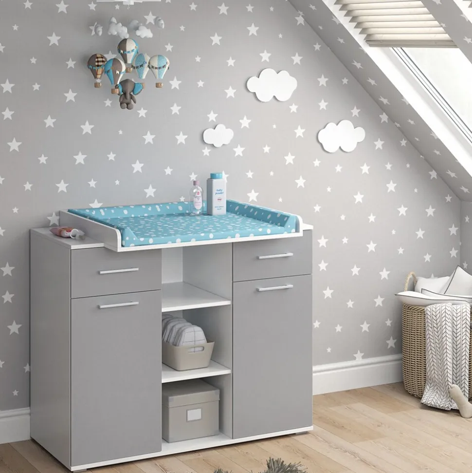 Vicco Wickelkommode Wickeltisch Wickelregal Leonie mit Wickelaufsatz Weiß/Grau