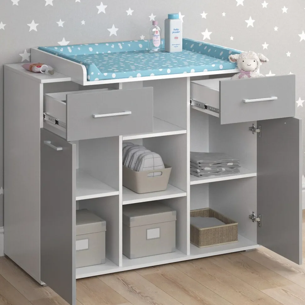 Vicco Wickelkommode Wickeltisch Wickelregal Leonie mit Wickelaufsatz Weiß/Grau