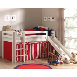 Vipack Spielbett Pino mit Rutsche und Textilset "Zirkus", Kiefer massiv weiss lackiert