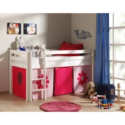 Vipack Spielbett Pino mit Textilset "Pink Flower", Kiefer massiv weiss lackiert