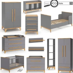 VitaliSpa Babymöbel Set Malia Grau Eiche Wickelkommode Wandregal Kinderbett Kleiderschrank Kinderzimmermöbel Wickelauflage Aufbewahrung Lattenrost Rausfallschutz Kleiderstange