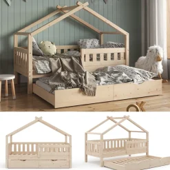 VitaliSpa Design Kinderbett 160x80 Babybett Hausbett Gästebett Lattenrost natur