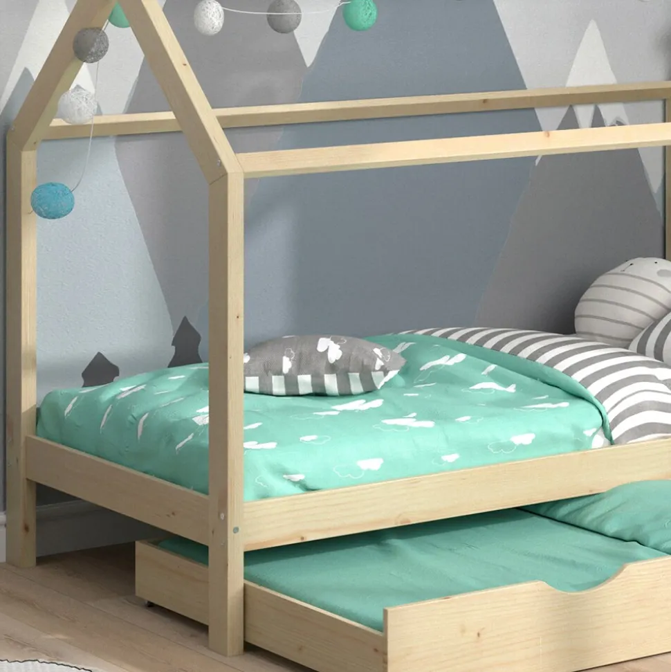 VitaliSpa Kinderbett Hausbett Gästebett Wiki Natur 90x200cm Schublade Lattenrost