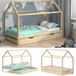 VitaliSpa Kinderbett Hausbett Gästebett Wiki Natur 90x200cm Schublade Lattenrost