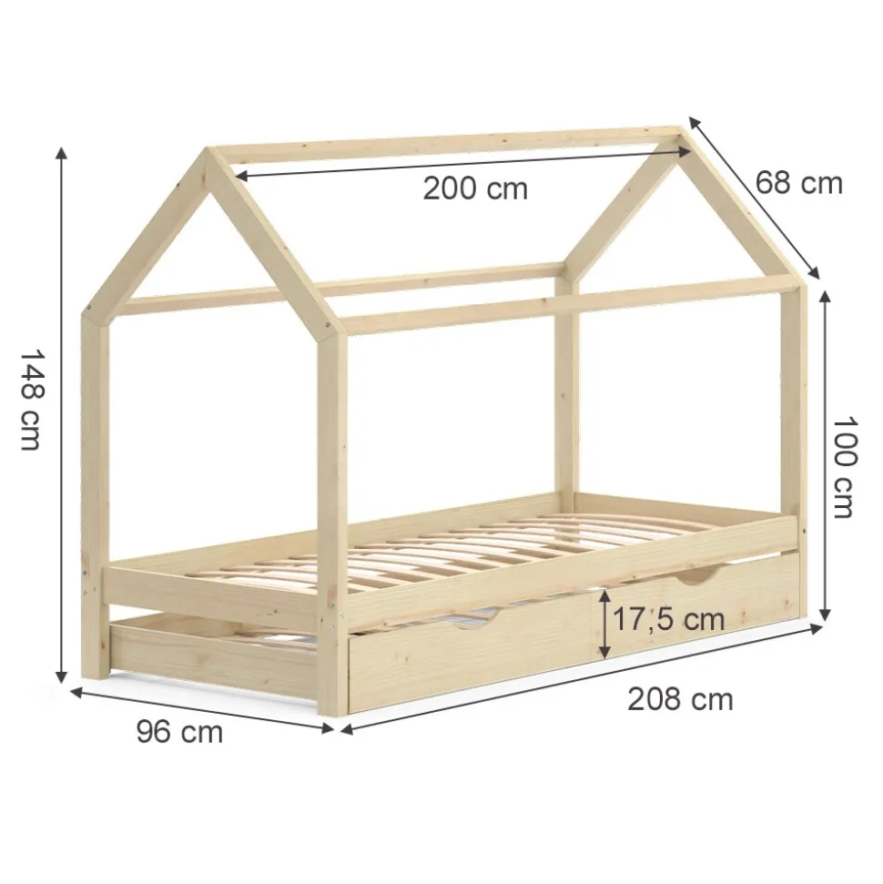 VitaliSpa Kinderbett Hausbett Gästebett Wiki Natur 90x200cm Schublade Lattenrost