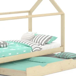 VitaliSpa Kinderbett Hausbett Gästebett Wiki Natur 90x200cm Schublade Lattenrost