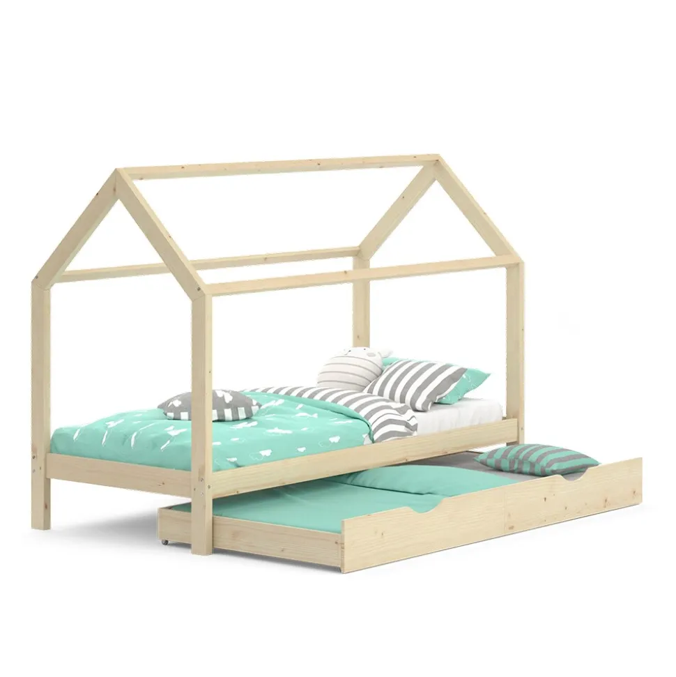 VitaliSpa Kinderbett Hausbett Gästebett Wiki Natur 90x200cm Schublade Lattenrost